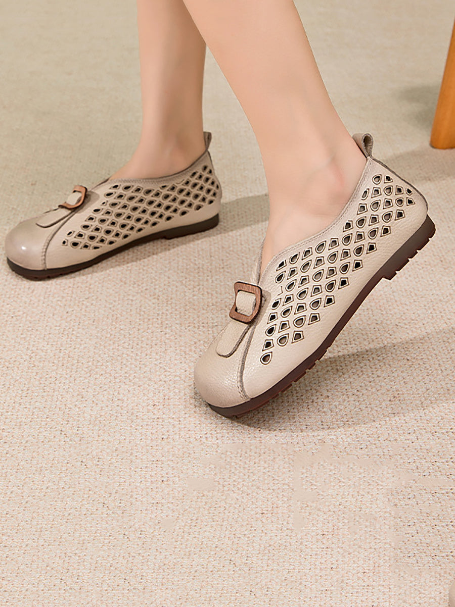 Women Leather Vintage Summer Shoes Flat Spliced