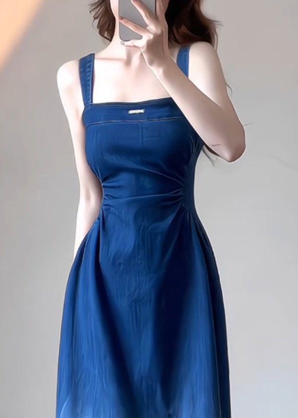 Fit Slim Dress Summer Spaghetti Denim Strap Blue Boutique
