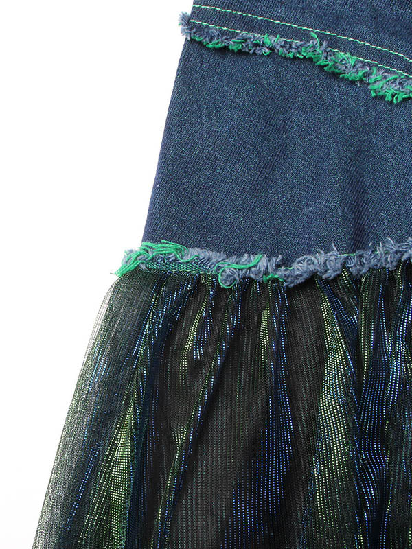 Denim A-Line Green Belted Skirt High Tulle Waisted Shiny Chic