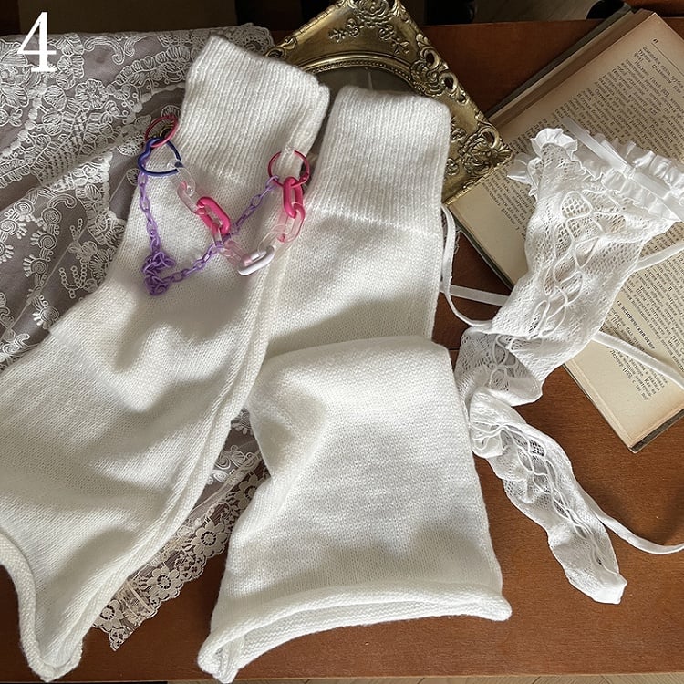 Leg Chain Stockings/Leg Overknee Warmers Cut-out Design /Lace White