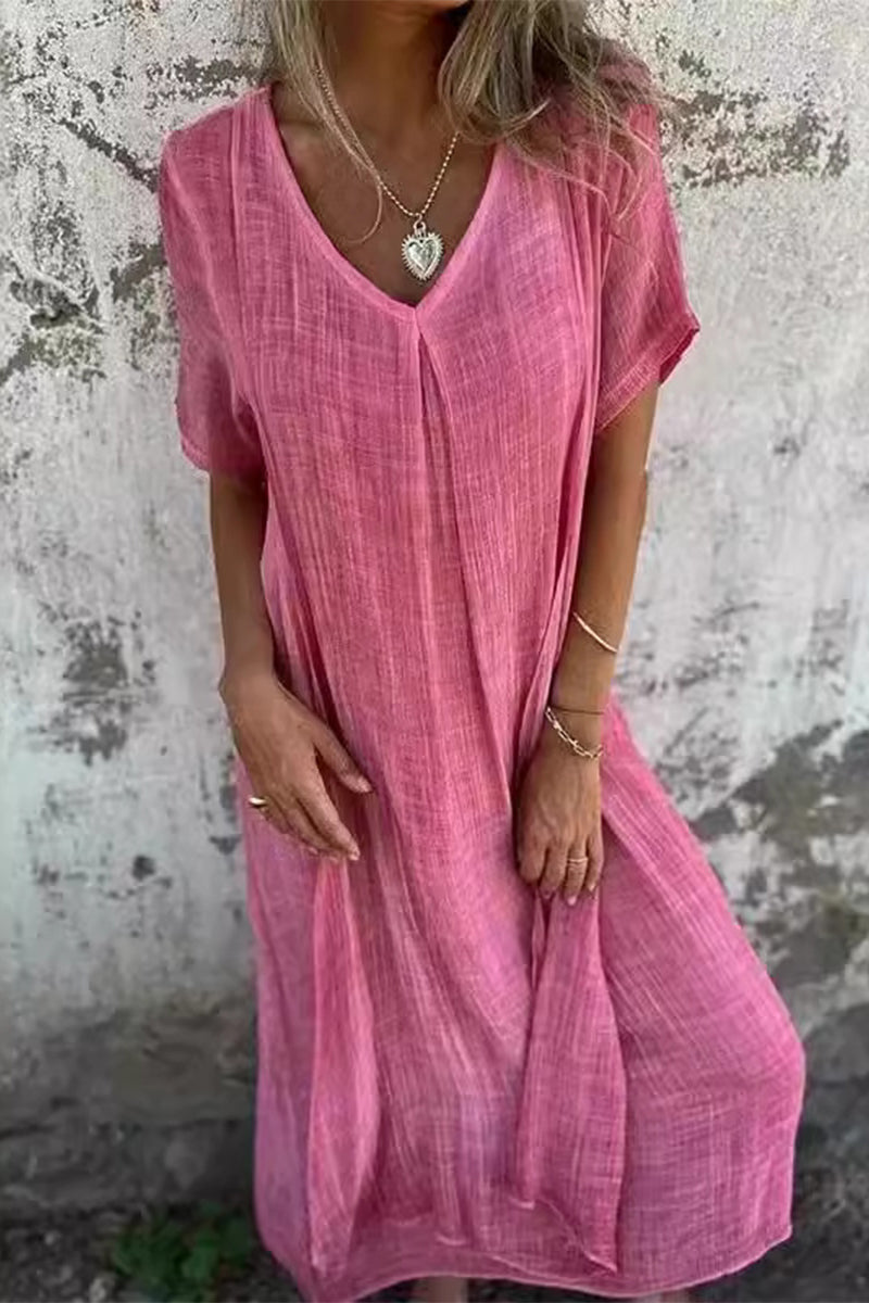 Robe décontractée à manches courtes et col en V en patchwork uni