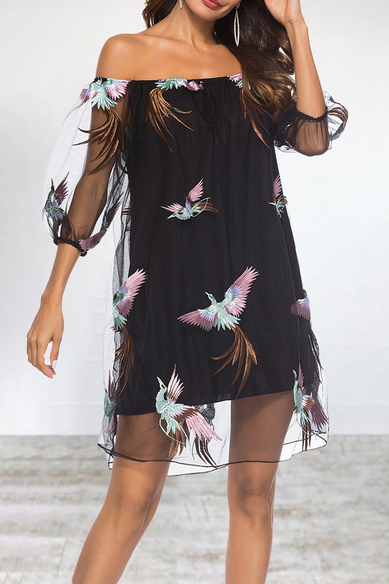 Elegant Animal Flowers Leaves Lace Embroidered Off the Shoulder A Line Dresses