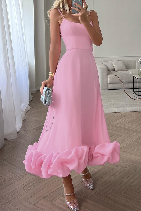 Celebrities Elegant Solid Fold Square Collar Sling Dresses