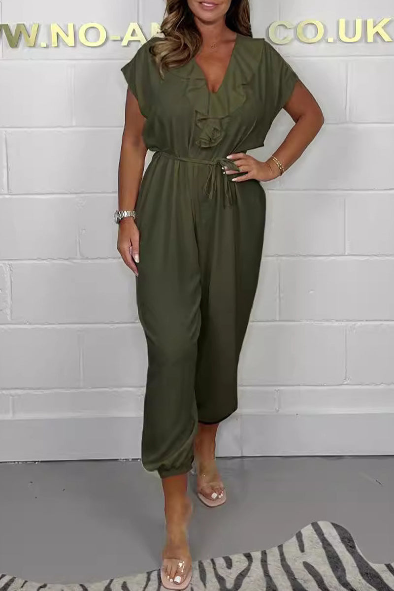 Casual Solid Flounce V Neck Loose Jumpsuits