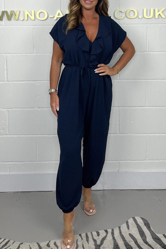 Casual Solid Flounce V Neck Loose Jumpsuits