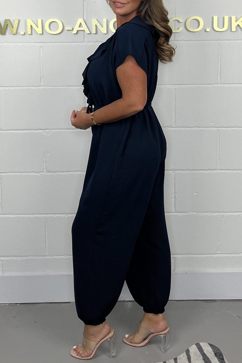 Casual Solid Flounce V Neck Loose Jumpsuits