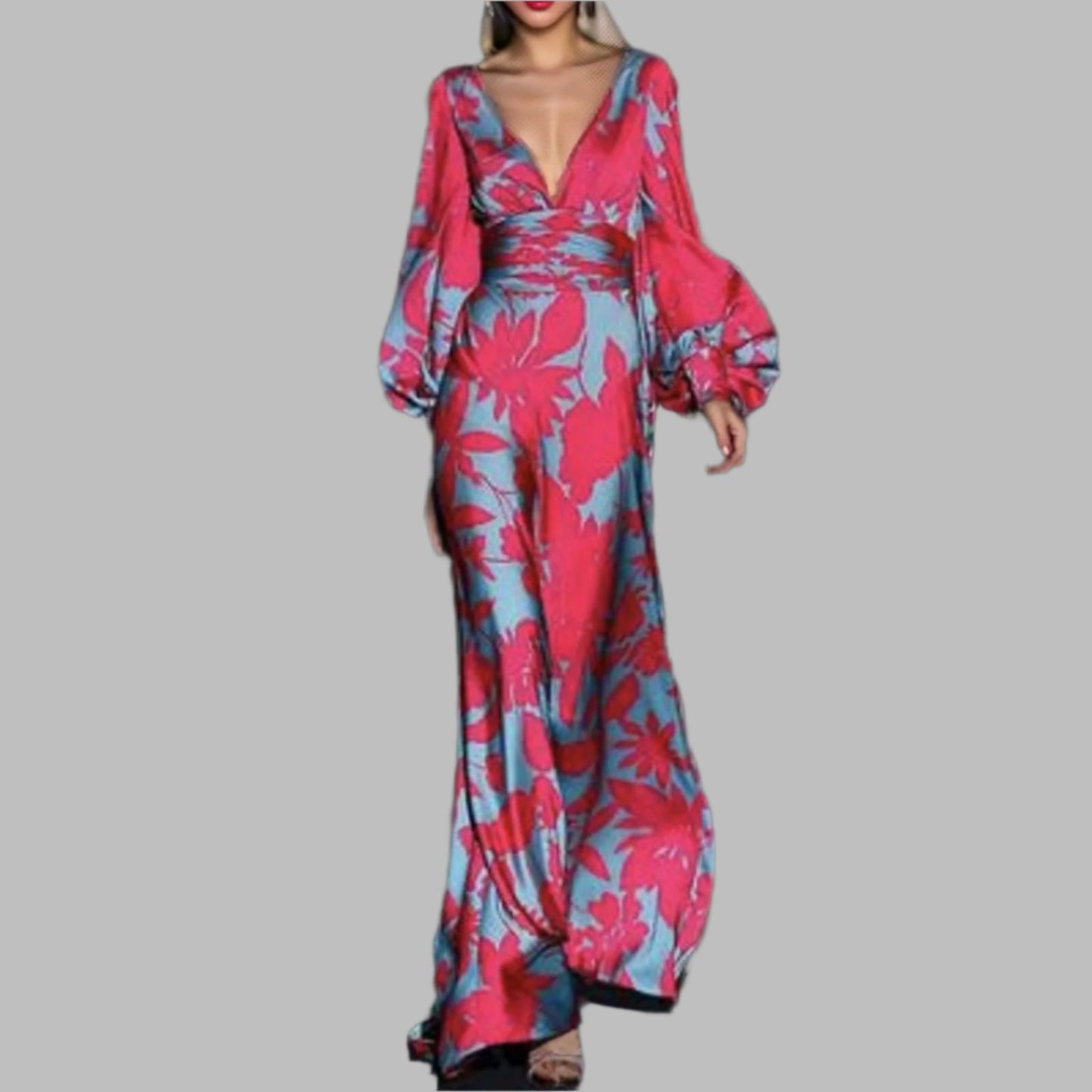 French Rose V Neck Print Cotton Long Dresses Long Sleeve GEM575