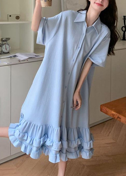 Dress Maxi Ruffled Pan Collar Short Women Blue Patchwork Peter