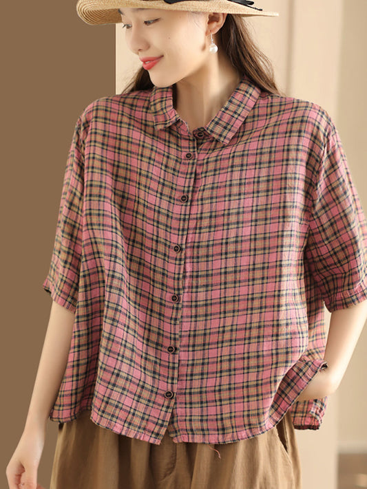 Damen Artsy Plaid Sommer Button-up Leinen Hemd KL1012