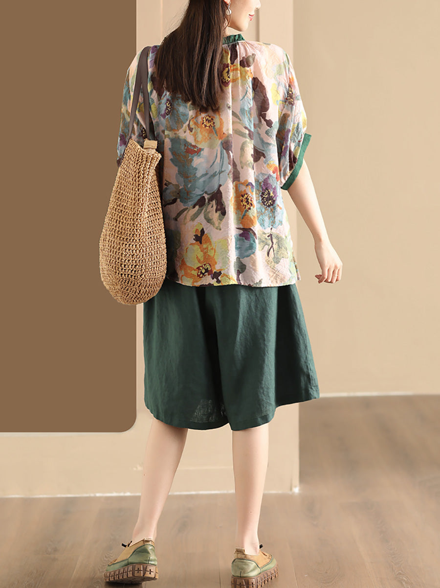 Women Summer Artsy Print Strap Loose Linen Shirt HH046