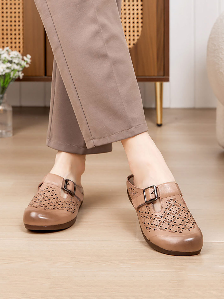 Women Leather Hollow Vintage Shoes Low Genuine Out Heel