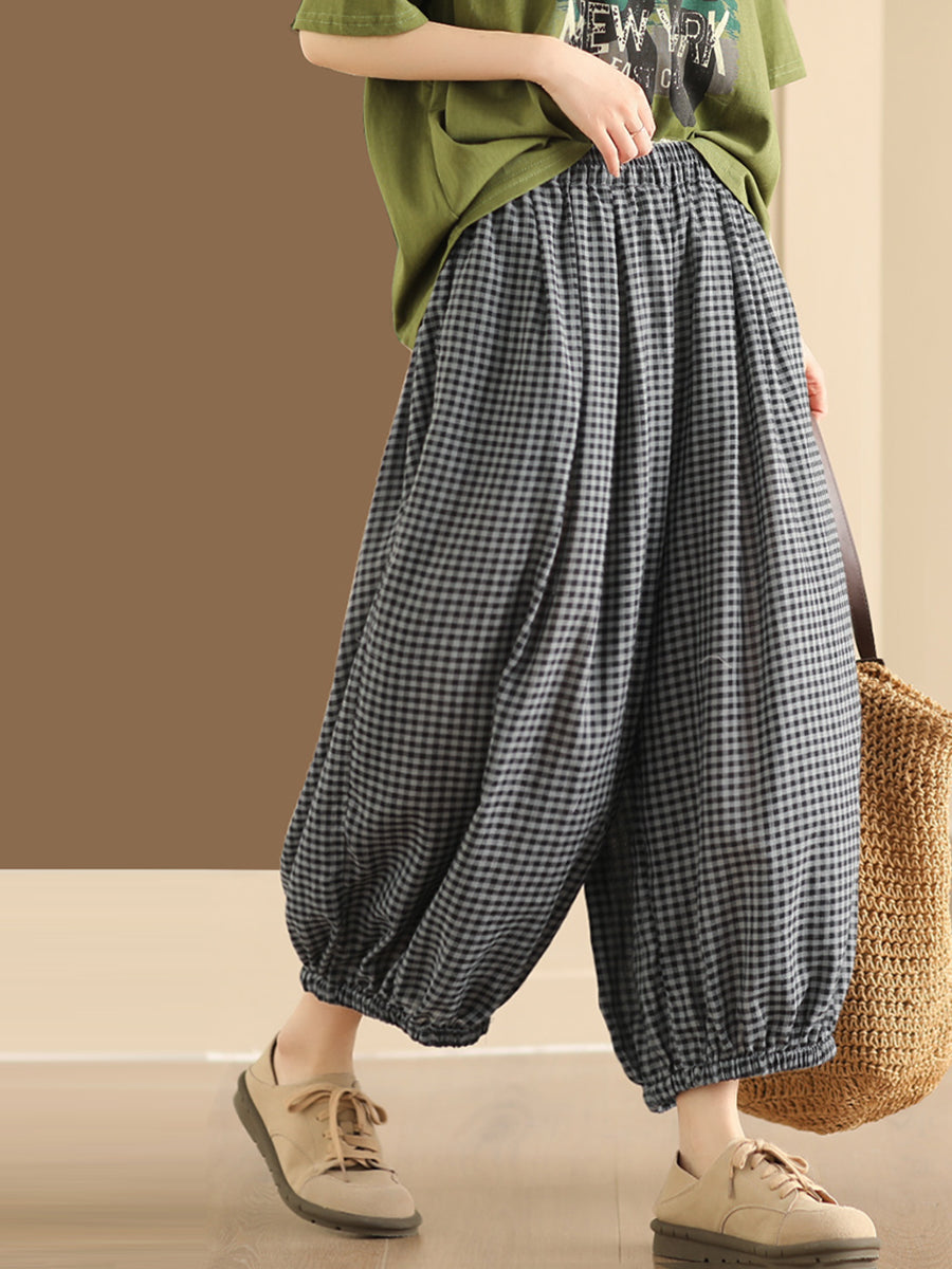 Women Summer Vintage Plaid Cotton Harem Pants BN1021