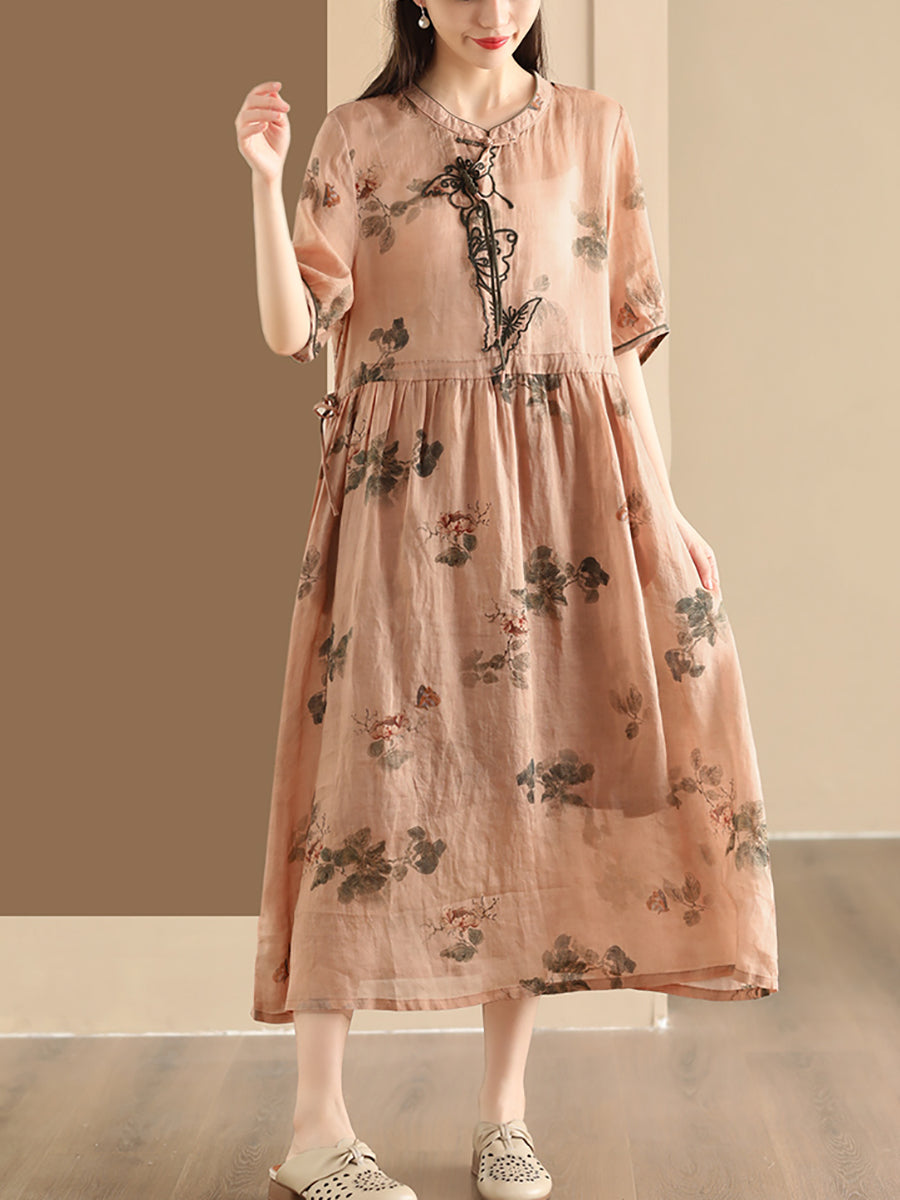 Women Summer Vintage Butterfly Embroidery Ramie Dress PP1036