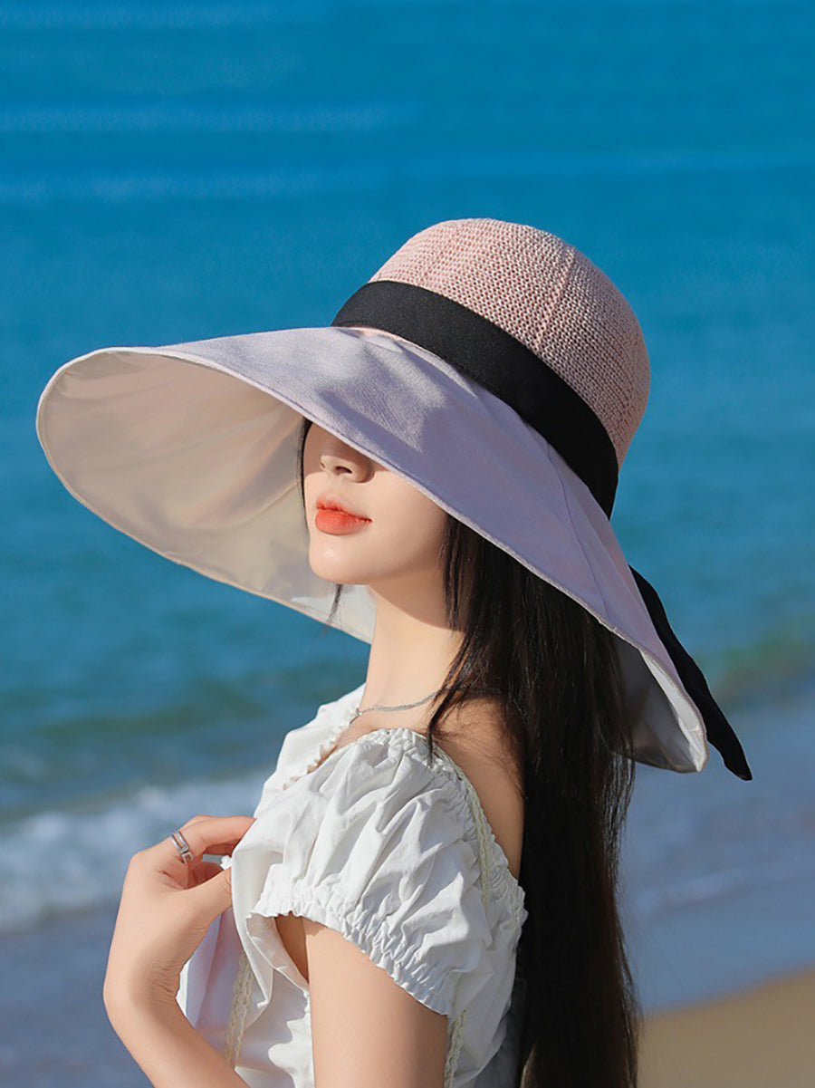 Women Summer Travel Large Brim Sunproof Spliced Hat QW1036