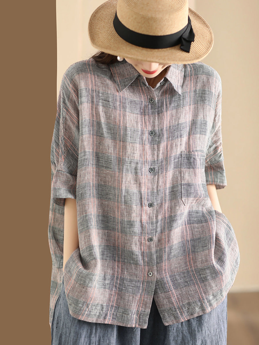 Women Retro Summer Plaid Linen Button-Up Blouse CO1006