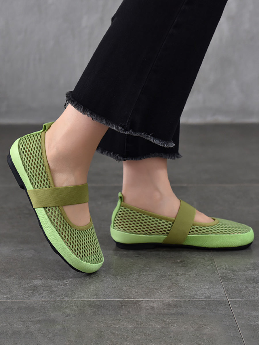 Leather Low Summer Women Shoes Heel Mesh