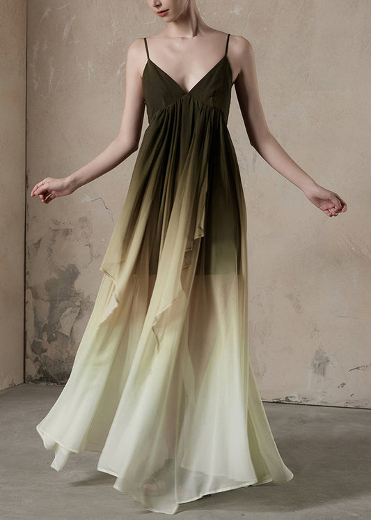 V Long Wrinkled Sleeveless Neck Chic Color Gradient Dress Chiffon