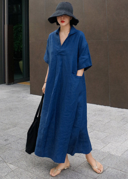 Open Short Side Wrinkled Sleeve Linen Blue Dress