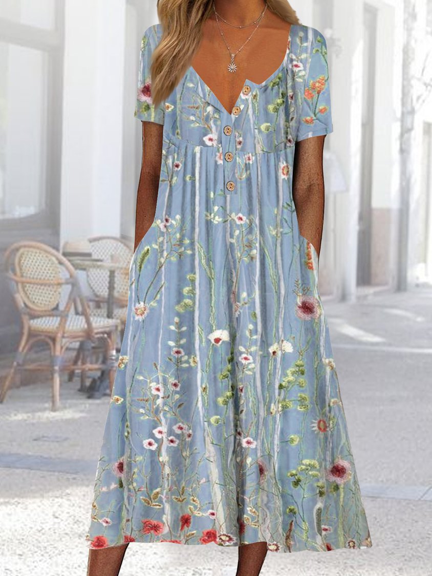 Gradient Flower Loose Long Dress Half Open Button Pocket Dress AD574