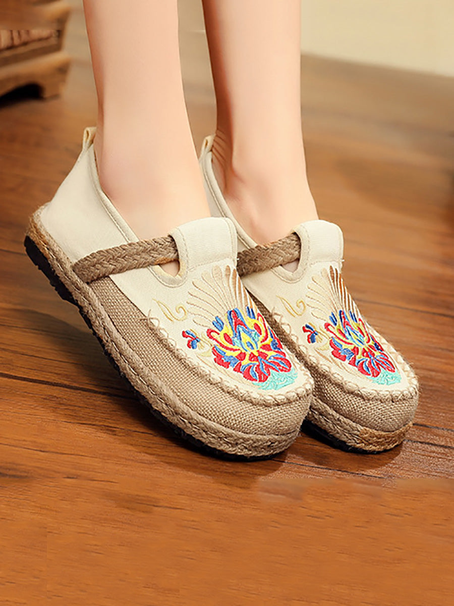 Women Summer Ethnic Embroidery Cloth Linen Flat Shoes AH1011