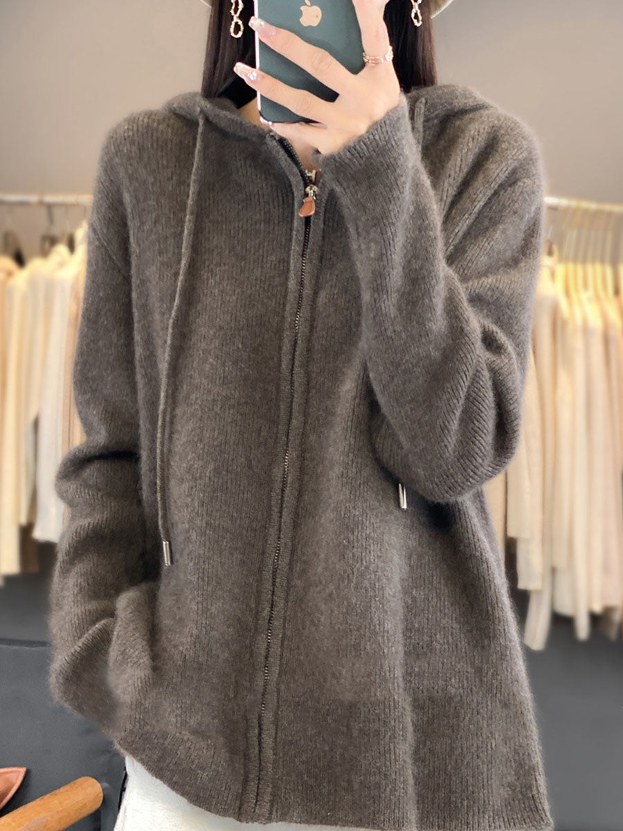 Women Autumn Casual 100%Wool Hooded Cardigan Sweater BA1059