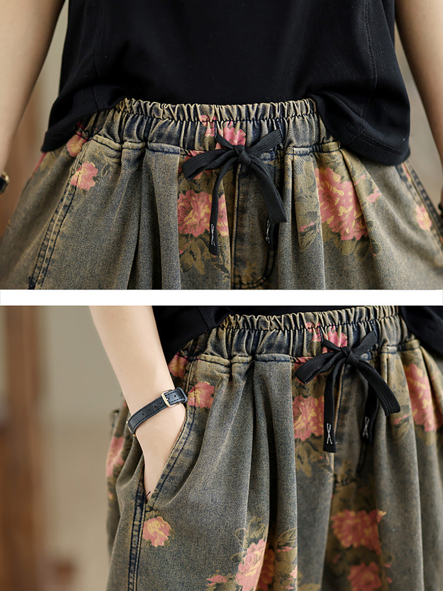 Women Summer Vintage Flower Denim Harem Pants LL034