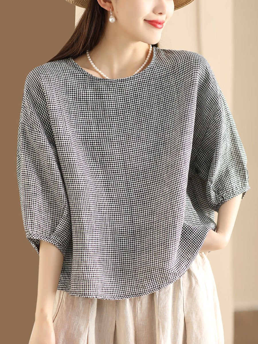 Women Summer Artsy Plaid Linen Loose Shirt KL1011