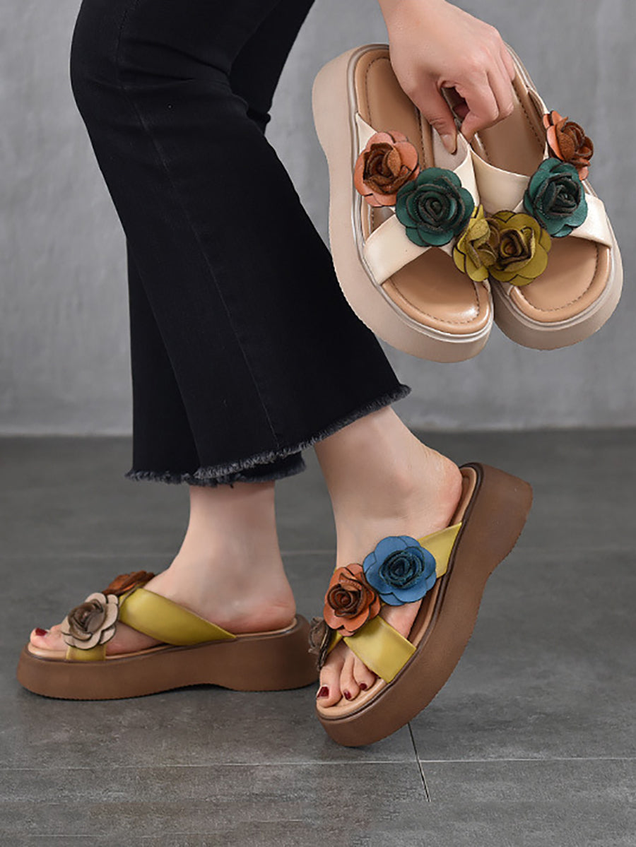 Platform Spliced Leather Summer Women Slippers Flower