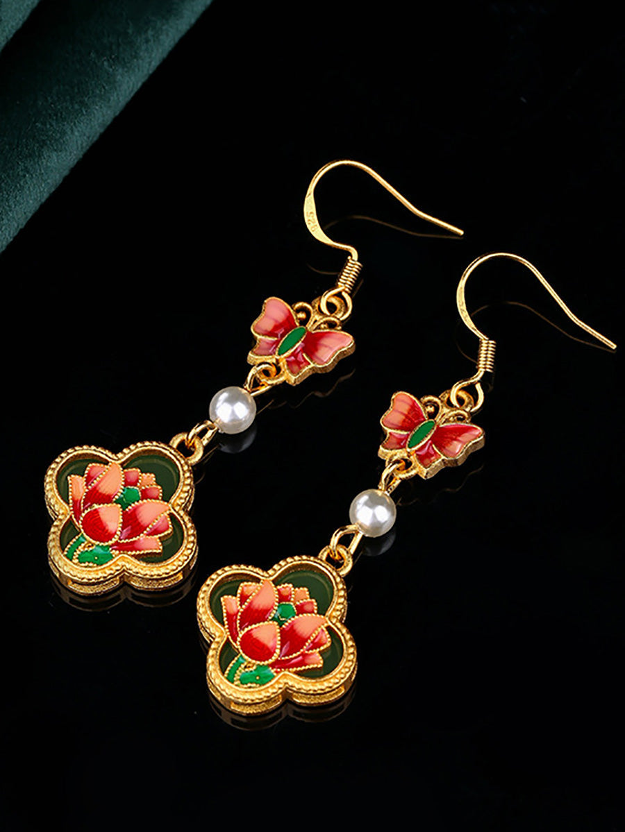 Women Vintage Enamel Flower Butterfly Pearl Earrings AH1086