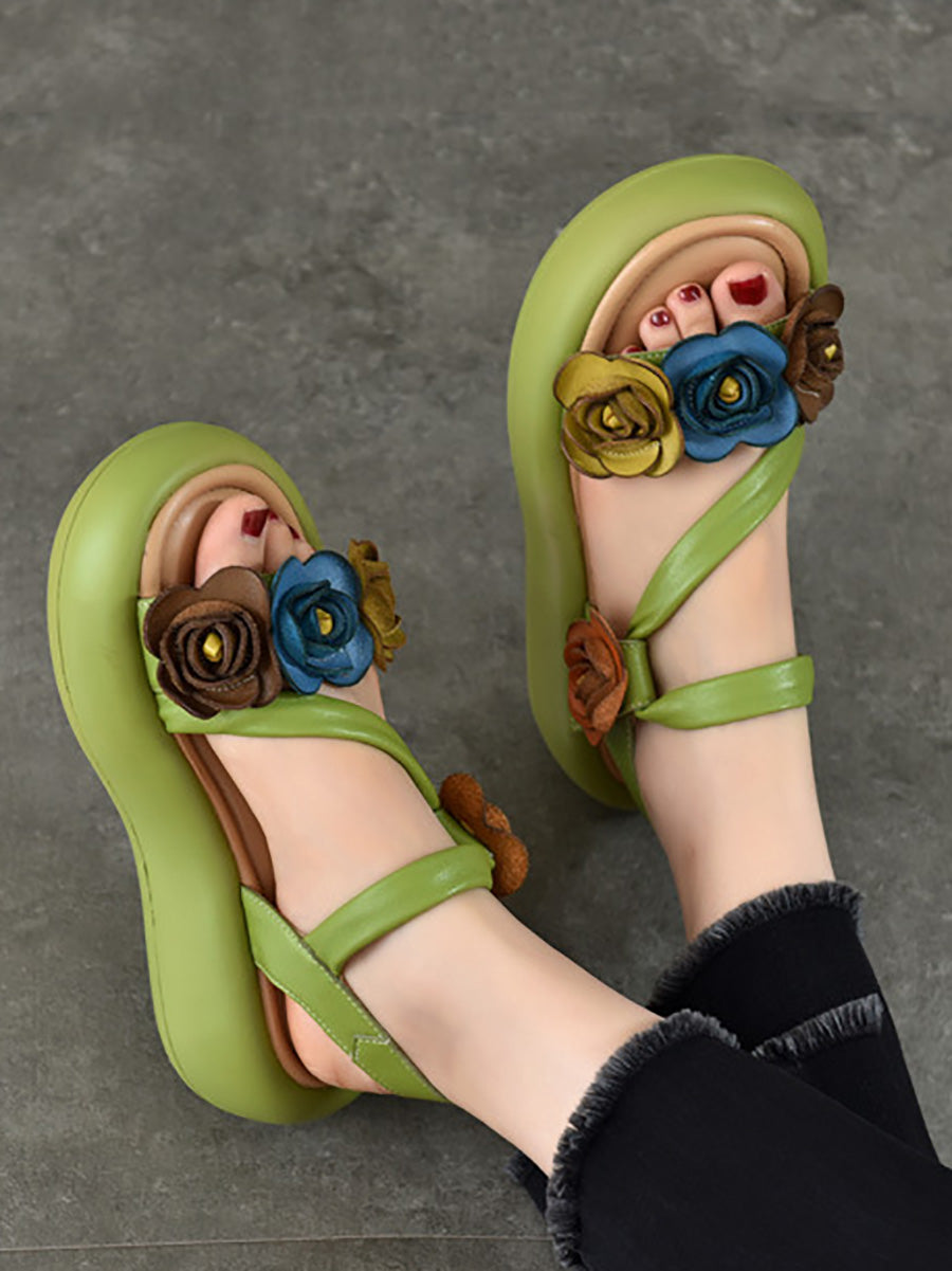 Leather Vintage Sandals FLower Platform Women