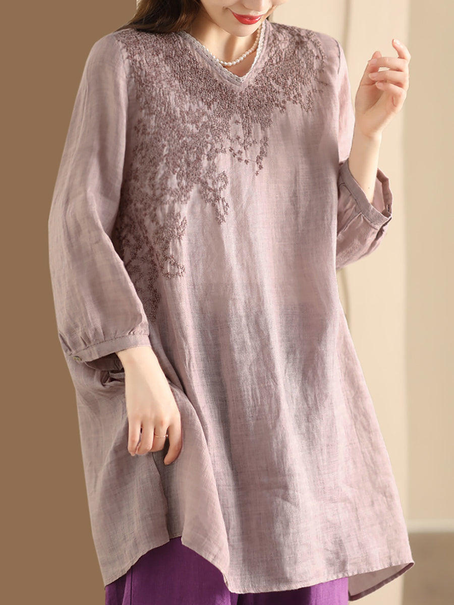 Women Summer Artsy Embroidery Ramie Long Shirt AS1022