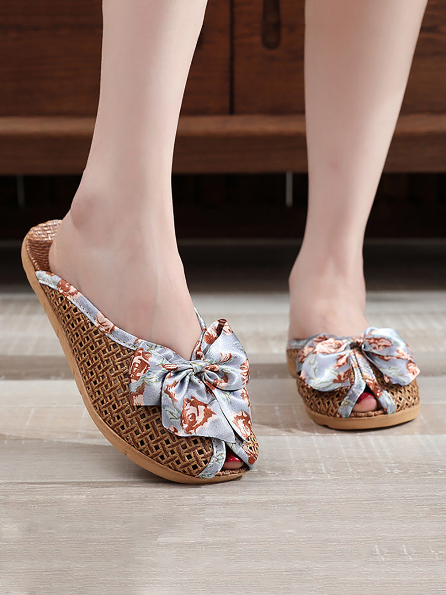 Indoor Weave Slippers Women Straw Flower Ethnic Bowknot