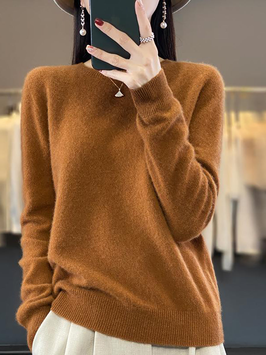 Women Autumn Solid Knit 100%Wool O-Neck Sweater WU023