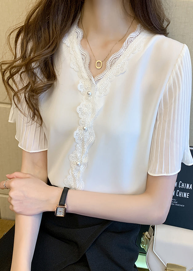 Bead Chiffon Shirt Top Patchwork Summer Pink Nail Italian Lace