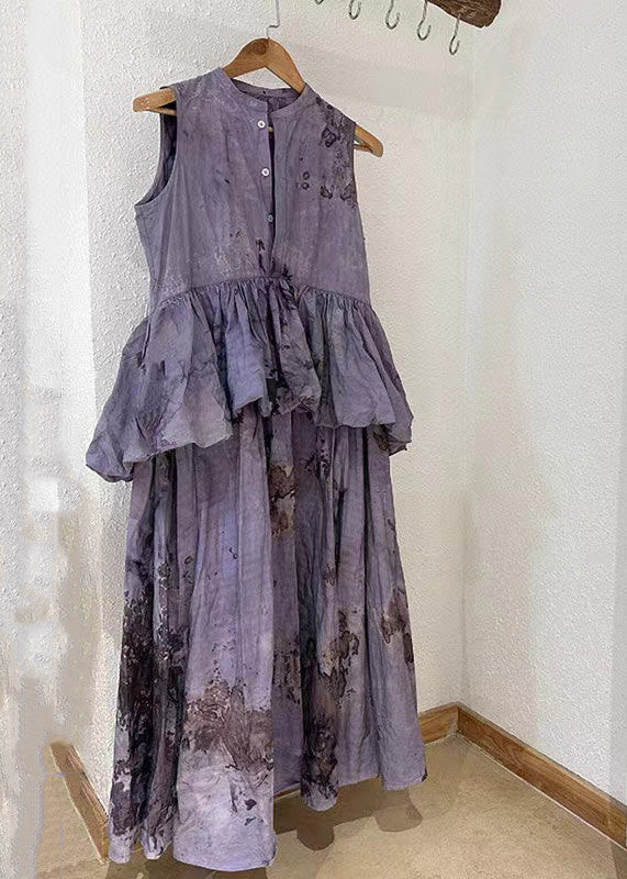 Chic Purple O-Neck Ruffled Patchwork Wrinkled Maxi Dresses Summer TT1028