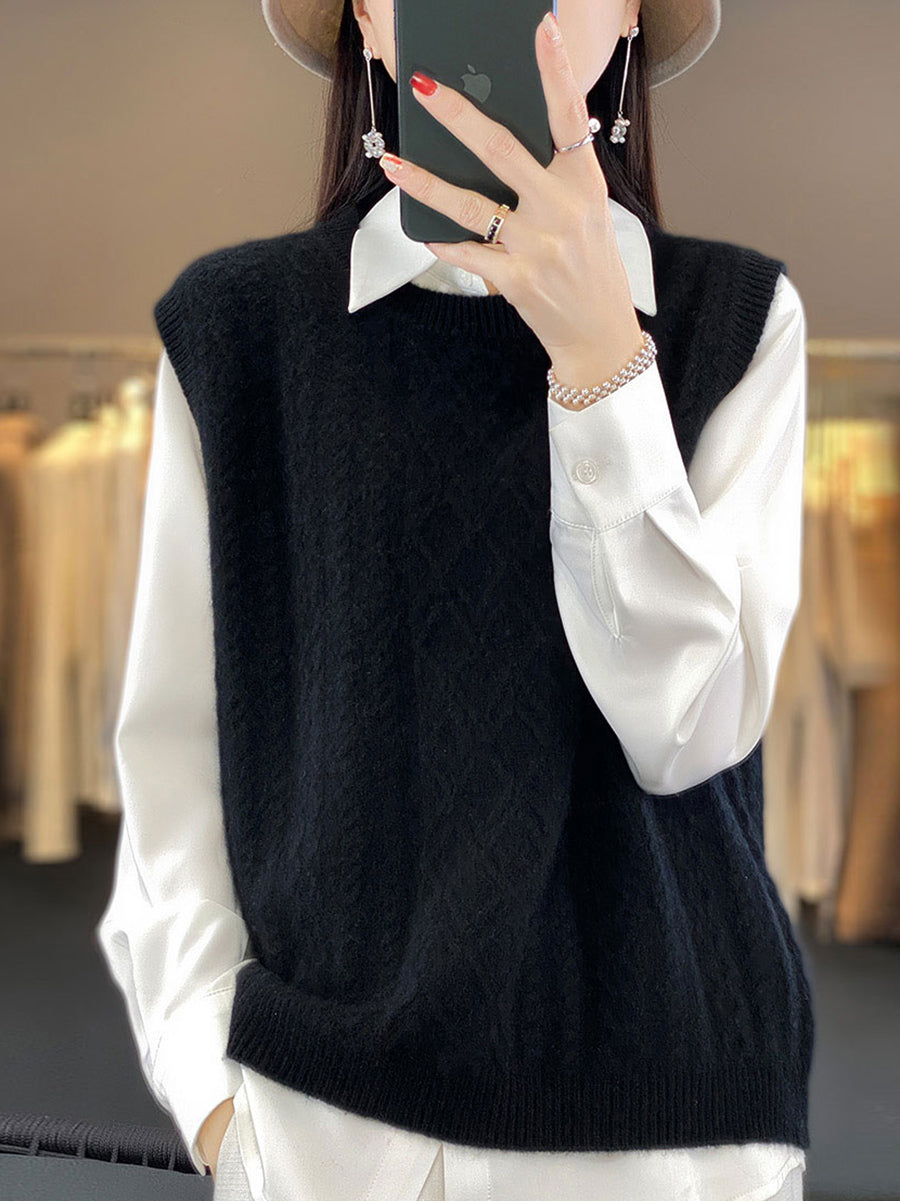 Women Casual Wool O-Neck Twist Knit Vest QU007