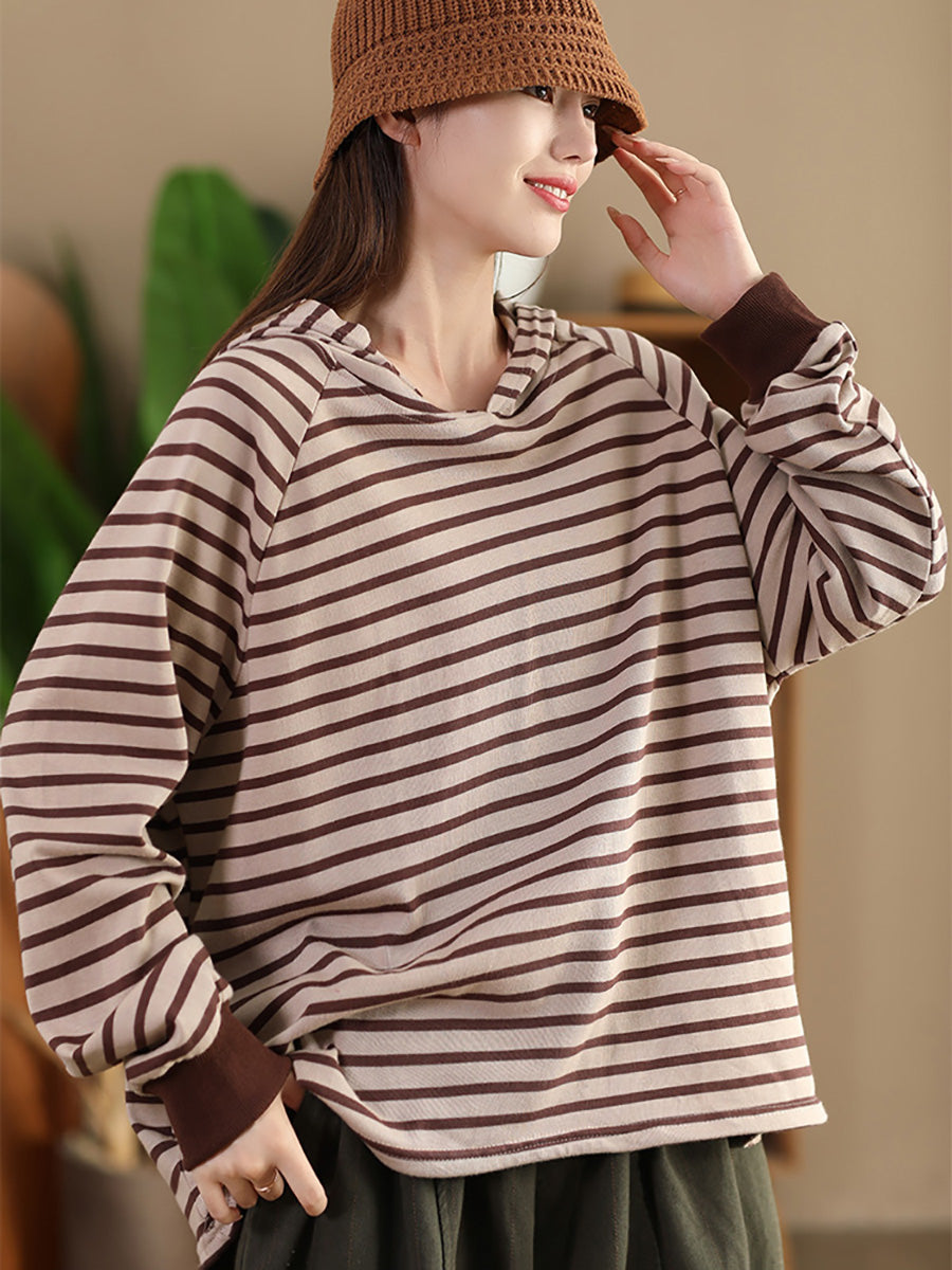 Women Casual Autumn Stripe Colorblock Hooded Sweatshirt AI1025