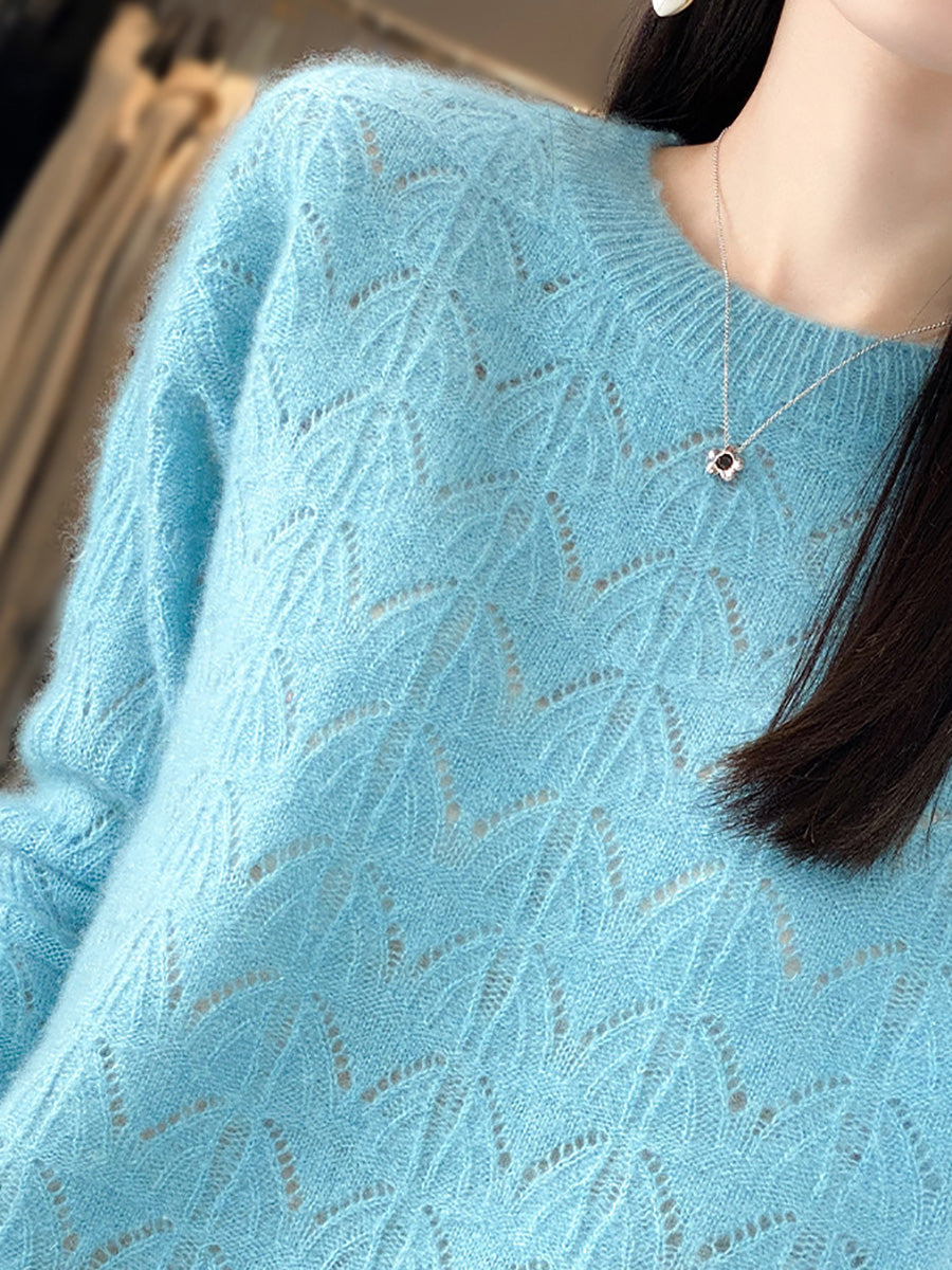 Women Autumn O-Neck Wool Hollow Out Knit Sweater AX1078