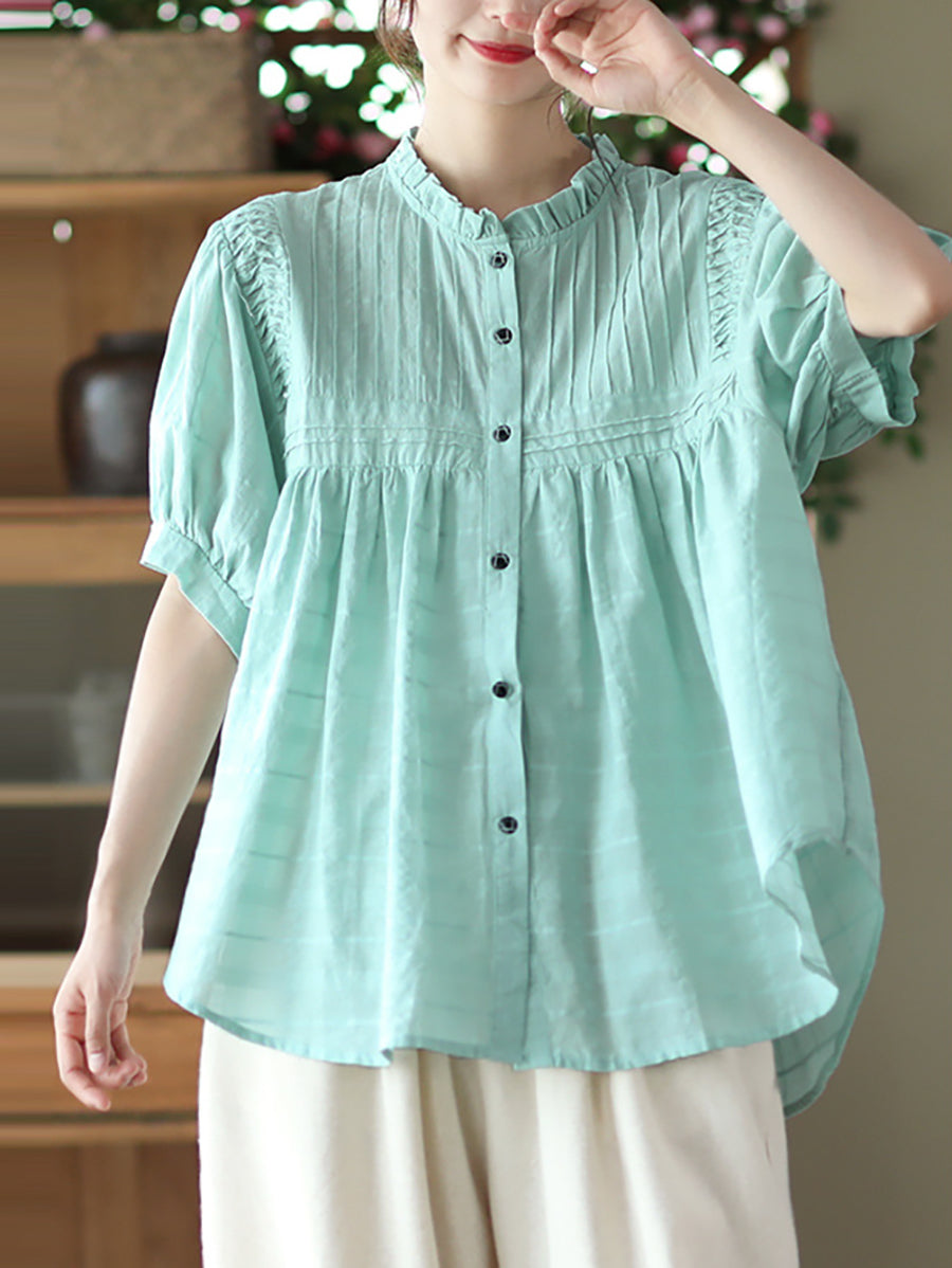 Women Artsy Shirred Stripe Cotton Agaric-Lace Shirt OP1006