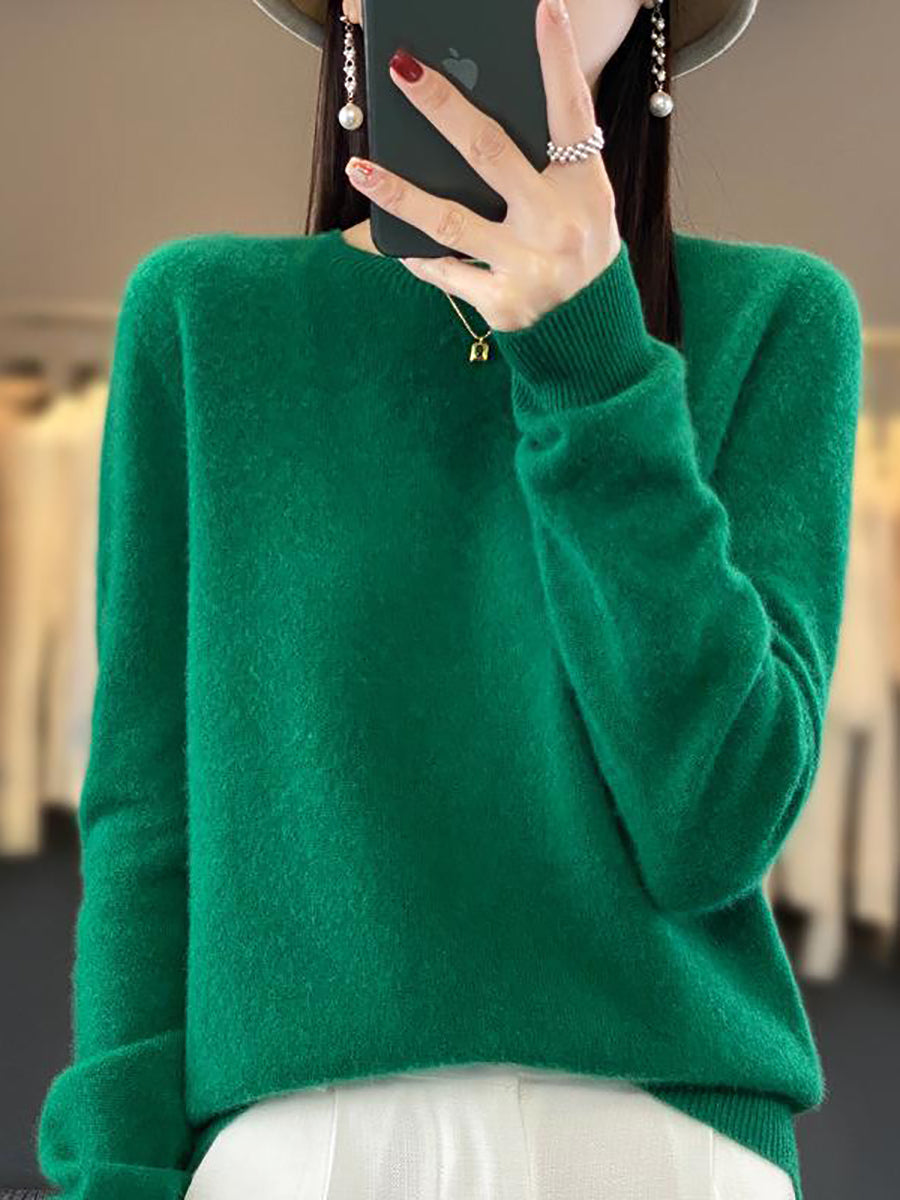 Women Autumn Solid Knit 100%Wool O-Neck Sweater WU023