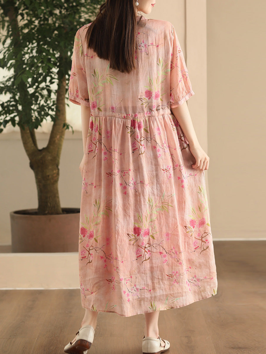 Women Summer Vintage Floral Strap Ramie Dress CX008