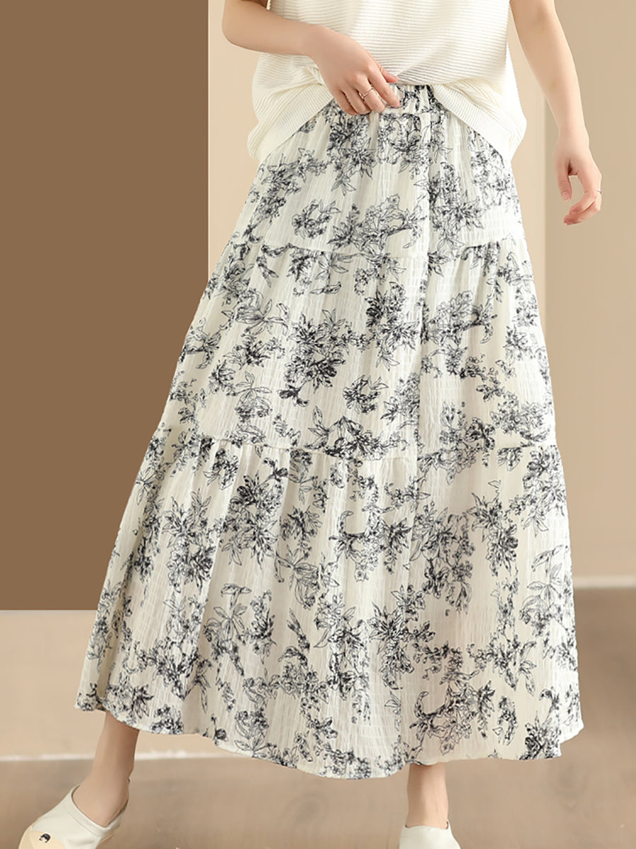 Women Summer Vintage Floral Cotton Loose Skirt CV1037