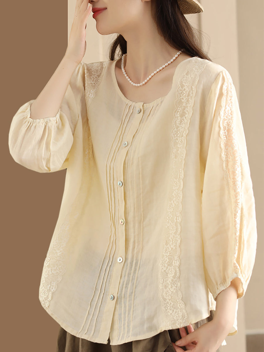 Women Summer Artsy Lace Spliced Ramie Button-Up Shirt II1020