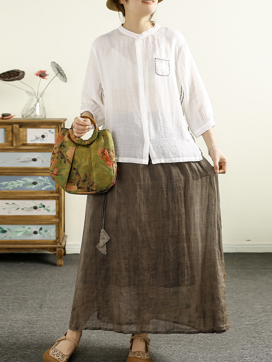 Women Summer Vintage Solid Dual-side Ramie Skirt PP1044