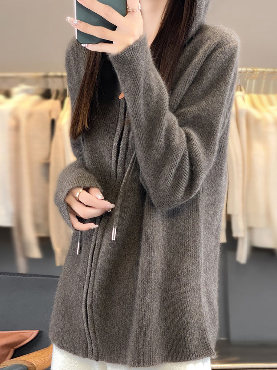 Women Autumn Casual 100%Wool Hooded Cardigan Sweater BA1059