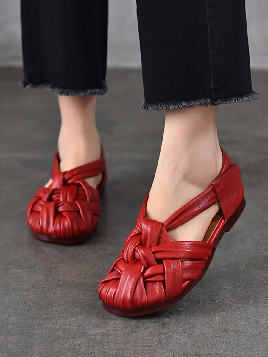Shoes Flat Leather Genuine Retro Summer Weave Women