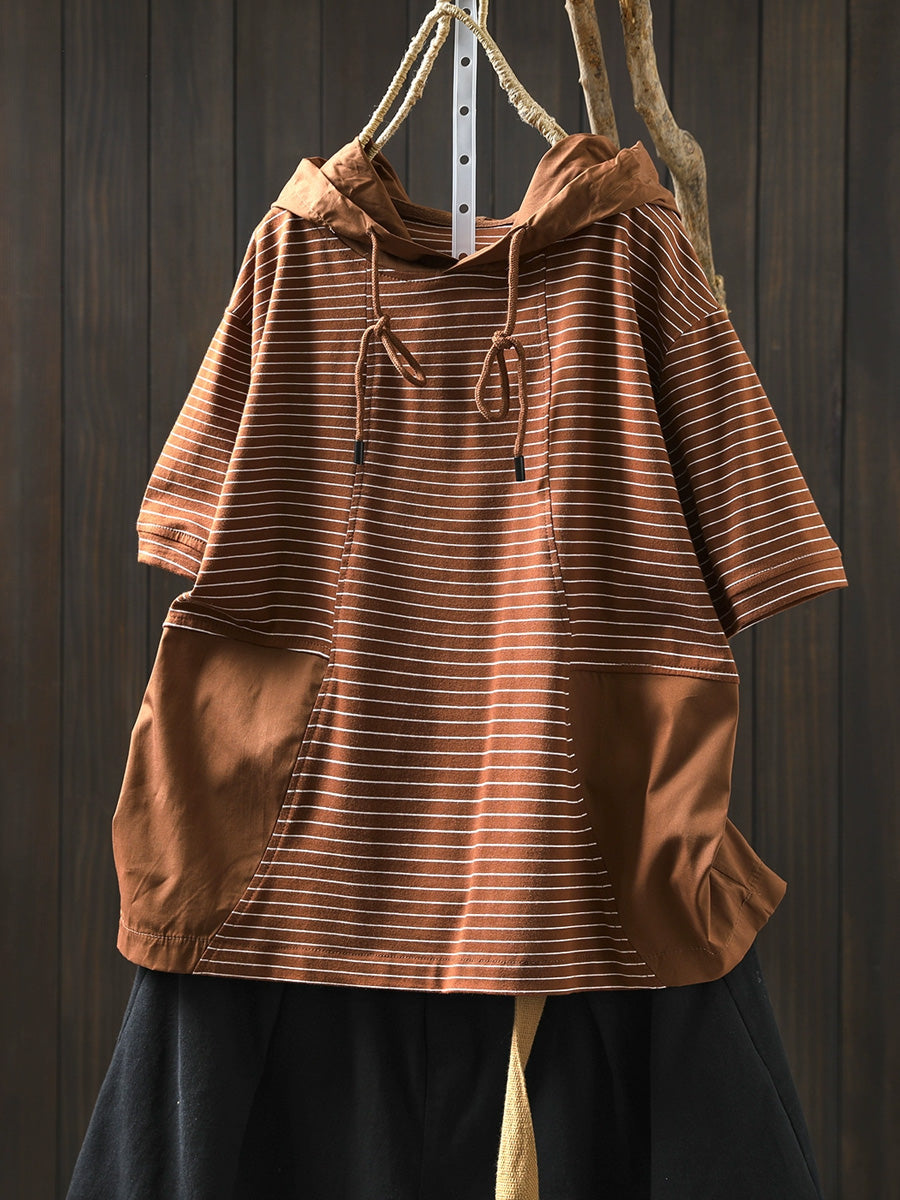 Hooded Spliced Shirt Casual Stripe Women Cotton Summer