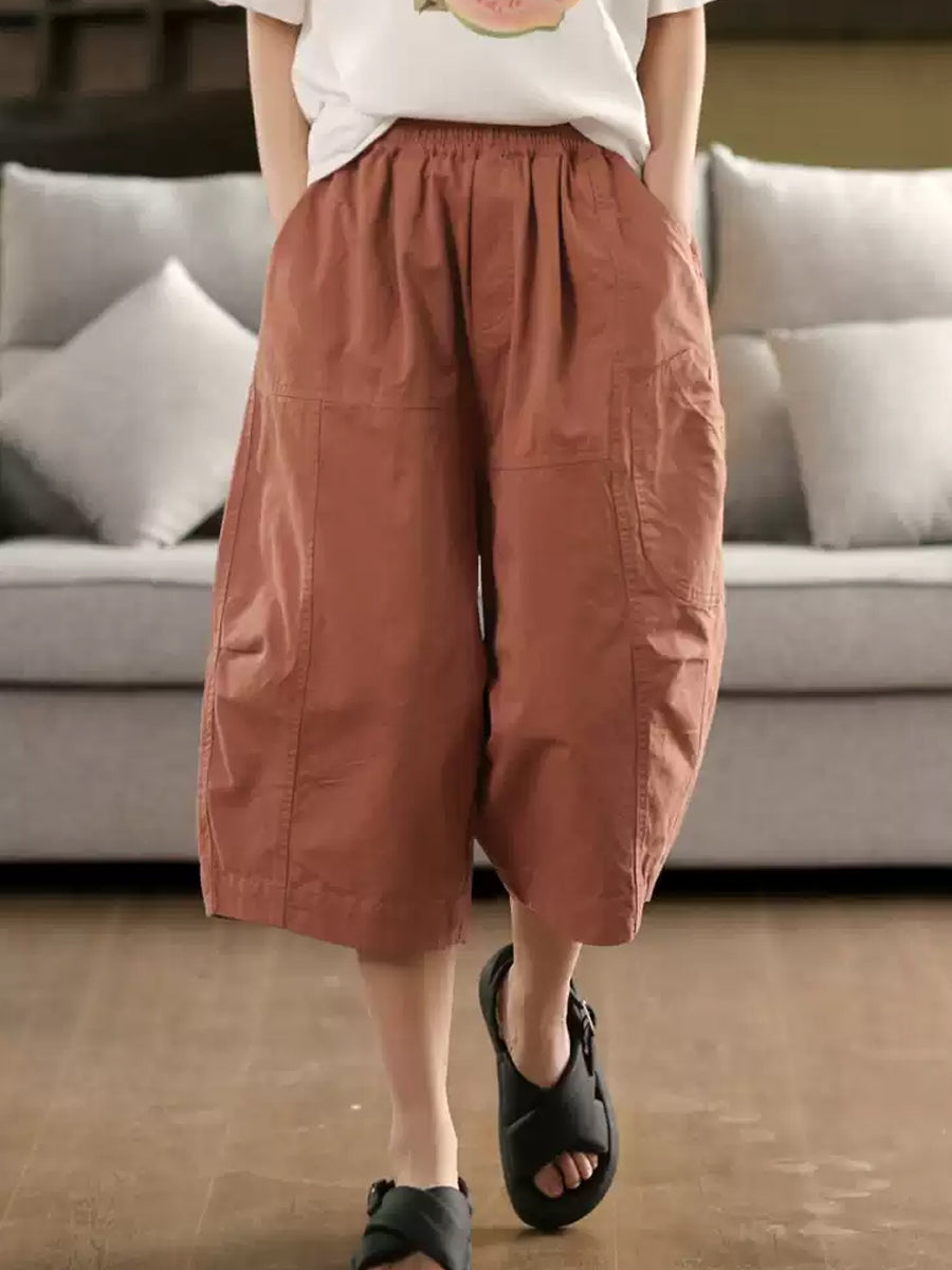 Casual 100%Cotton Pants Women Pure Cropped Color