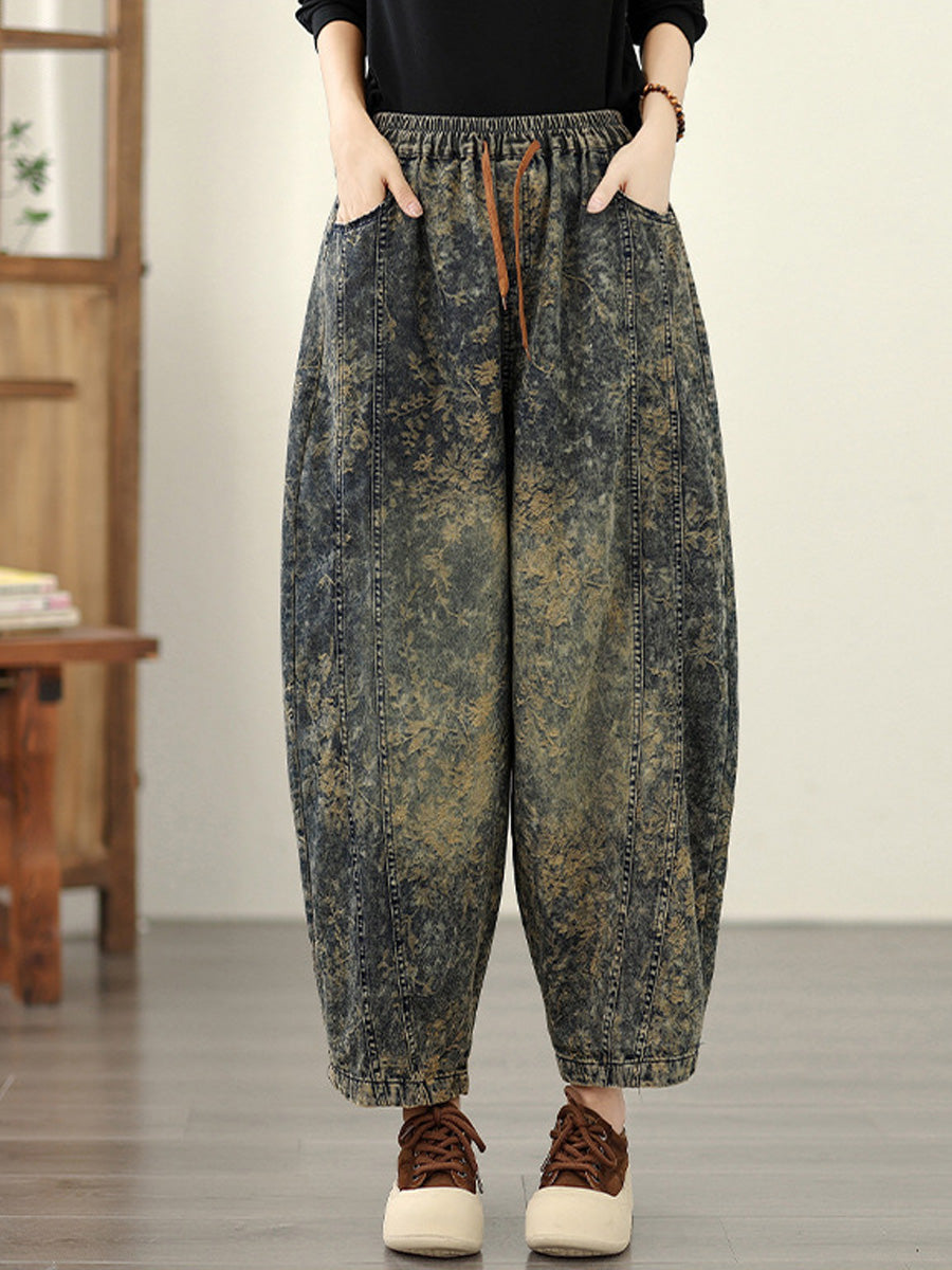 Autumn Flower Women Denim Harem Pants Retro