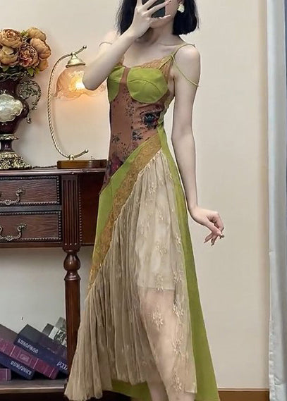 Spaghetti Sleeveless Strap Green Dress Patchwork Lace New